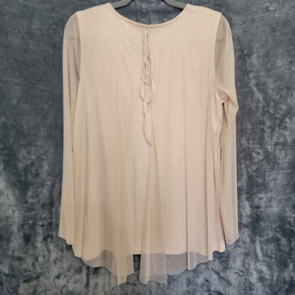 LOGO‎ Lavish Top M Beige Floral Embroidered Mesh Overlay Boho Artsy Cottagecore - Picture 5 of 16